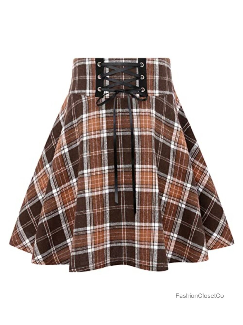 Women's High Waist Lace Up Plaid Skater Skirt Mini Flared A-Line